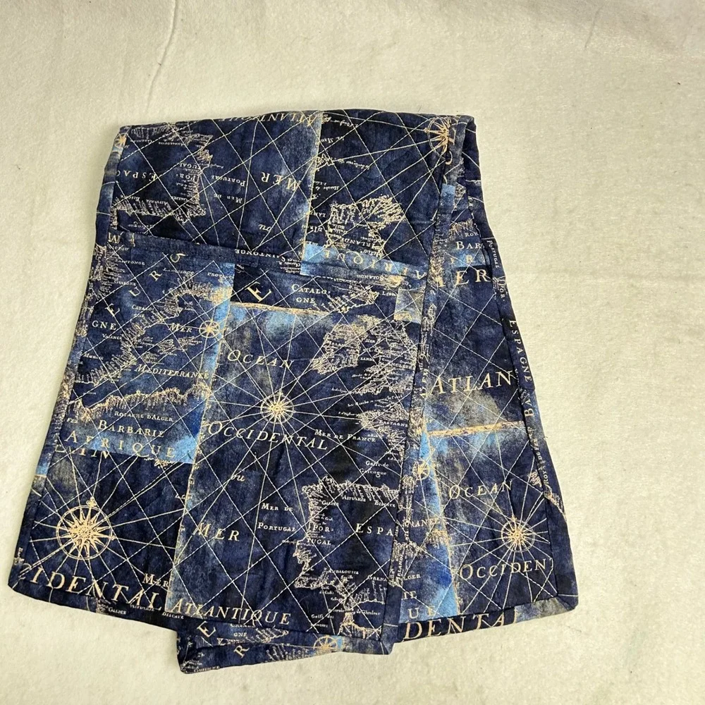 Dark Academia Vintage‎ Inspired OS Blue Gold Nautical Map Quilted Table Runner